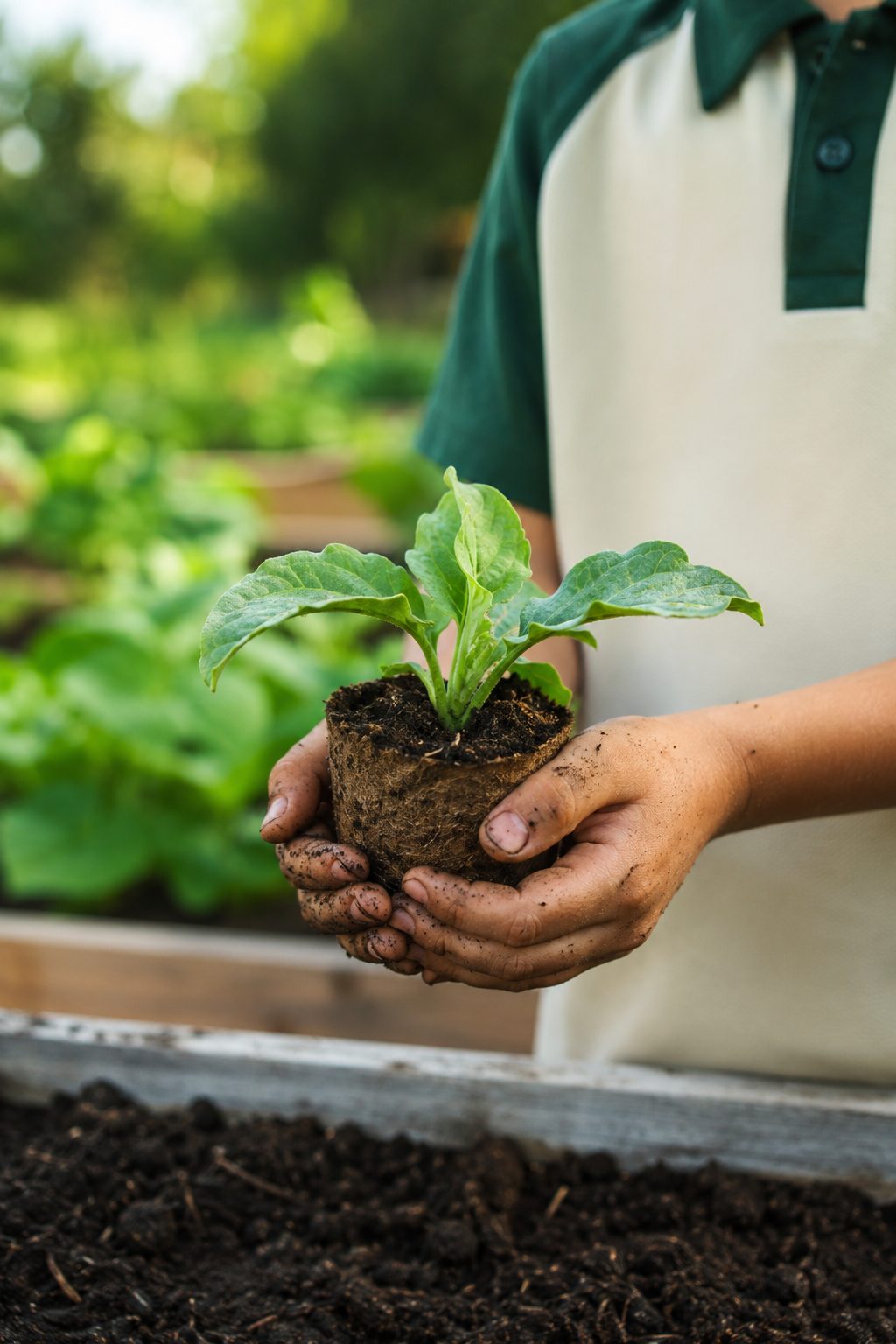 Person planting a young green plant in soil at a garden