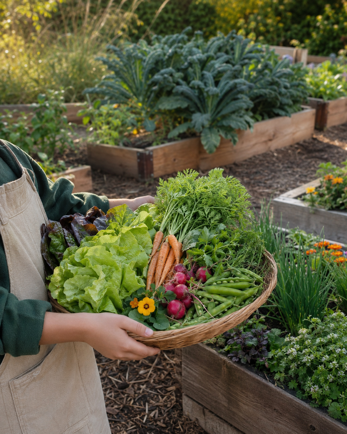 Person holding a basket of fresh vegetables in a garden with raised beds and flowering plants.