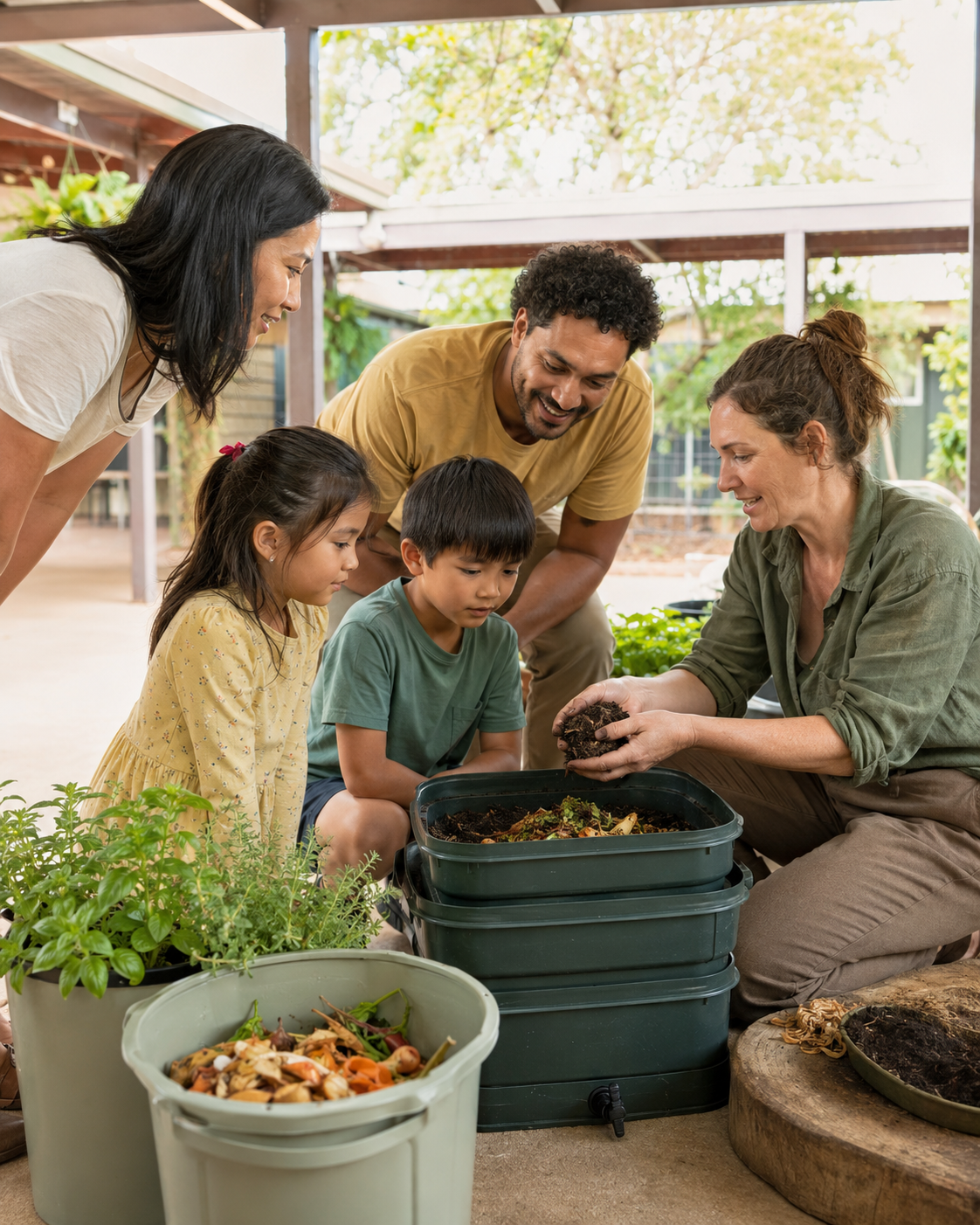 A group of people, including children, gathered around a woman showing soil in her hands during a gardening activity outside on a porch.