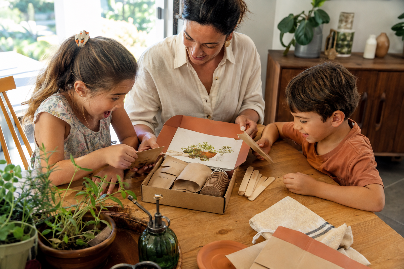 A woman with two children at a wooden table, looking at plant catalogues and plant care supplies, with a large window showing outdoor greenery in the background.