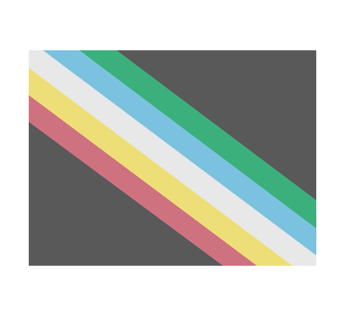 A colorful geometric design featuring diagonal stripes in pink, yellow, white, light blue, and green on a dark gray background.