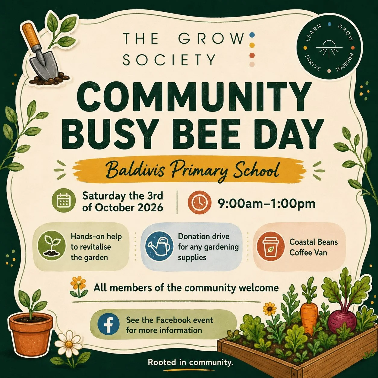 🌱 Baldivis, let&rsquo;s get growing!

The Grow Society is bringing our community together for a Community Busy Bee Day at Baldivis Primary School.

📅 Saturday 3 October 2026
🕘 9:00am&ndash;1:00pm
📍 Baldivis Primary School

Come along and lend a h