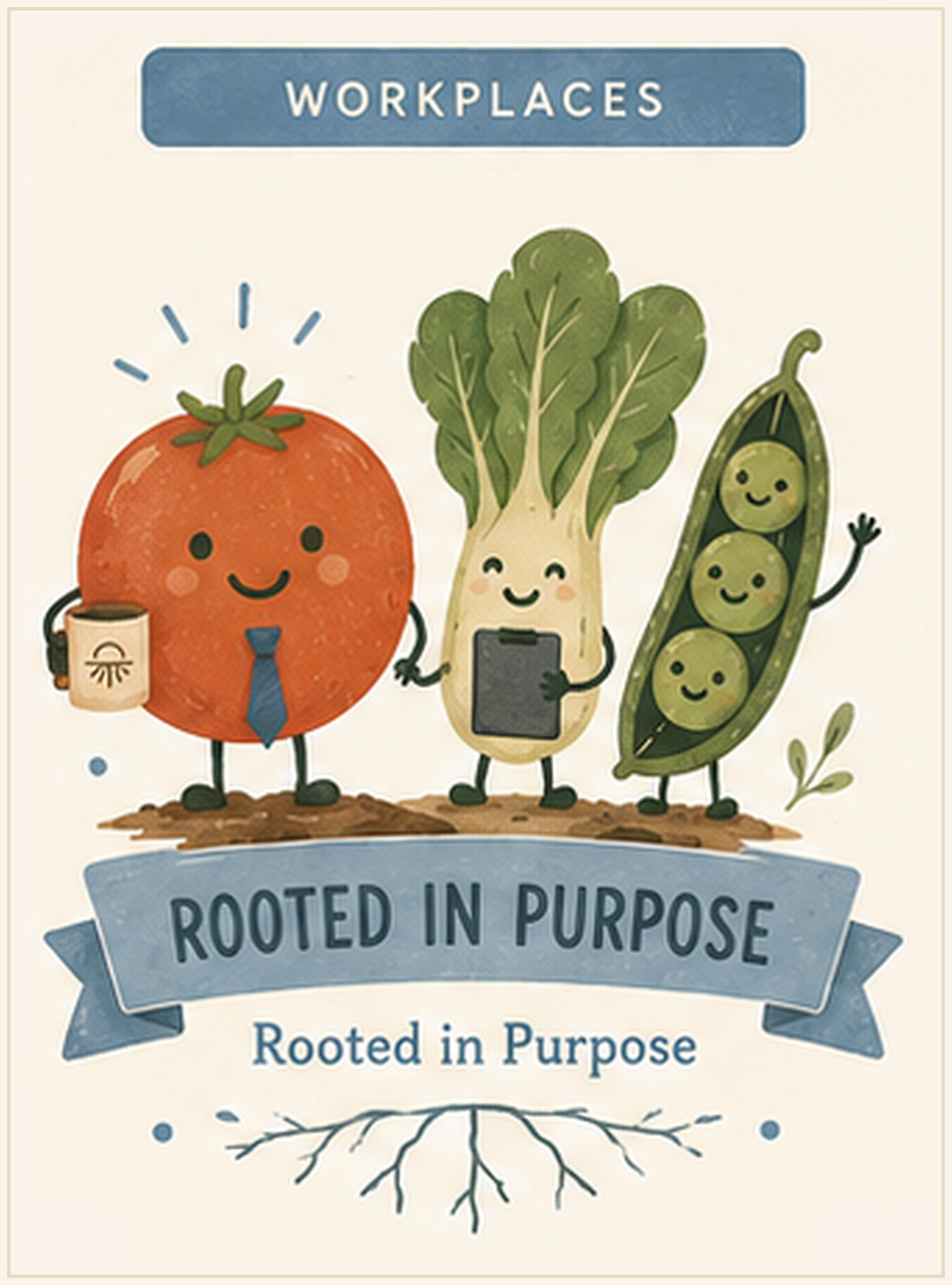 Cartoon illustrations of an orange tomato with a blue necktie holding a coffee cup, a white leek smiling at a smartphone, and a green pea pod with three smiling peas, set above a banner that reads 'Rooted in Purpose'.