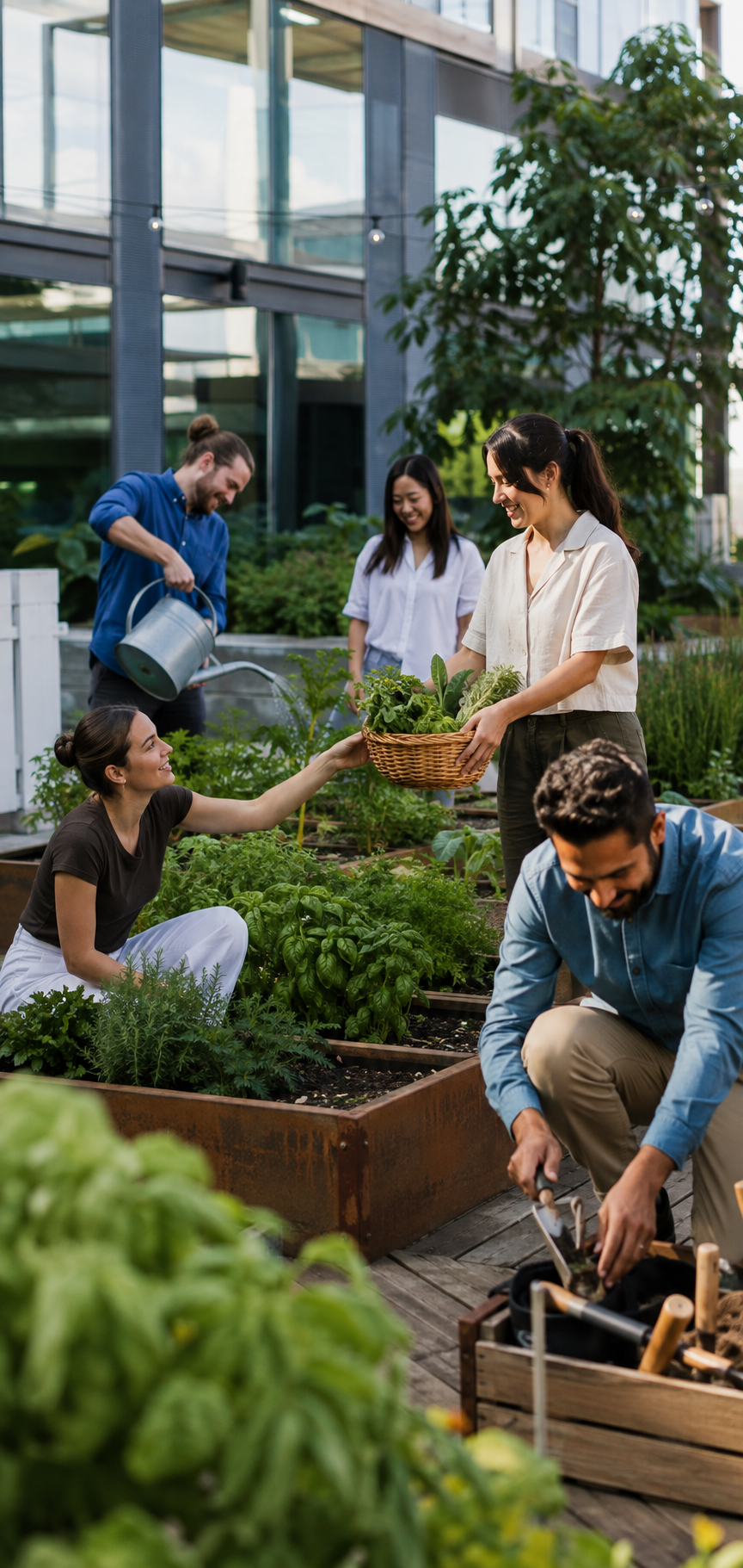 Group of people gardening and harvesting vegetables in a rooftop garden, smiling and working together.