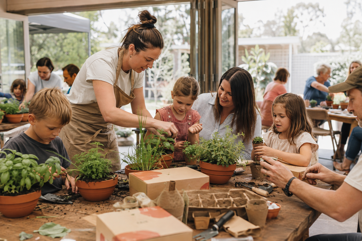 A group of children and adults gardening and planting in a bright indoor greenhouse or workshop space with large windows, sunlight, and outdoor greenery.