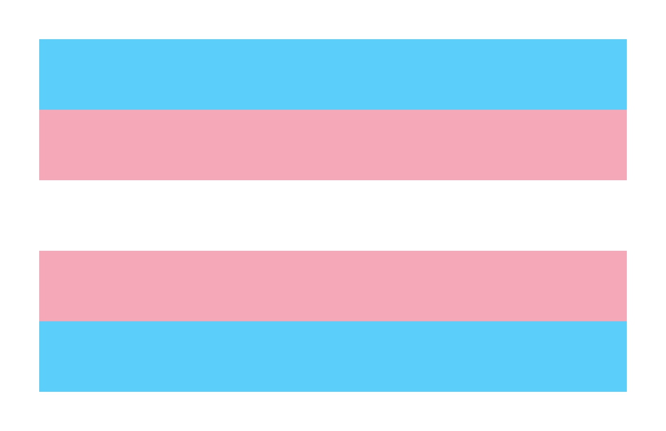 The transgender pride flag with horizontal stripes of blue, pink, and white.