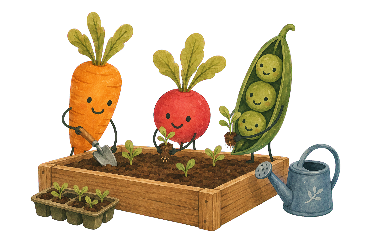 Illustration of anthropomorphic vegetables—a carrot, a radish, and peas in a pod—planting and caring for young plants in a wooden garden bed, with a watering can nearby.