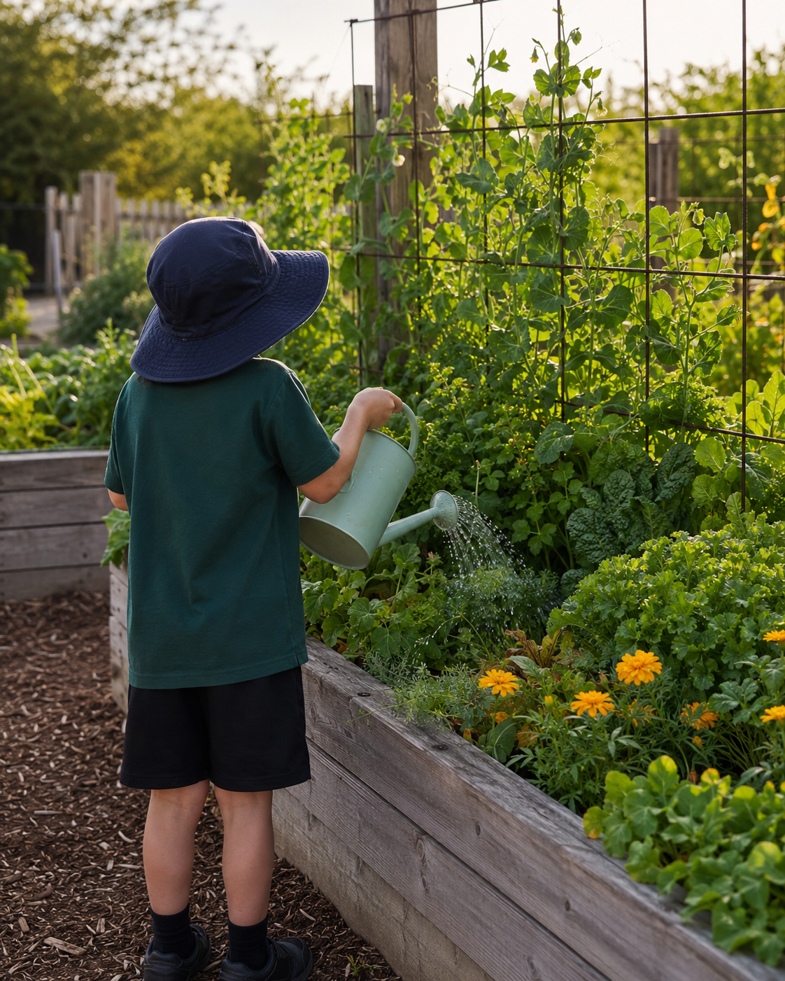 A young child wearing a large blue sun hat, green t-shirt, and black shorts watering plants in a raised garden bed with a green watering can, surrounded by greenery and vibrant yellow flowers, in an outdoor garden during sunset.