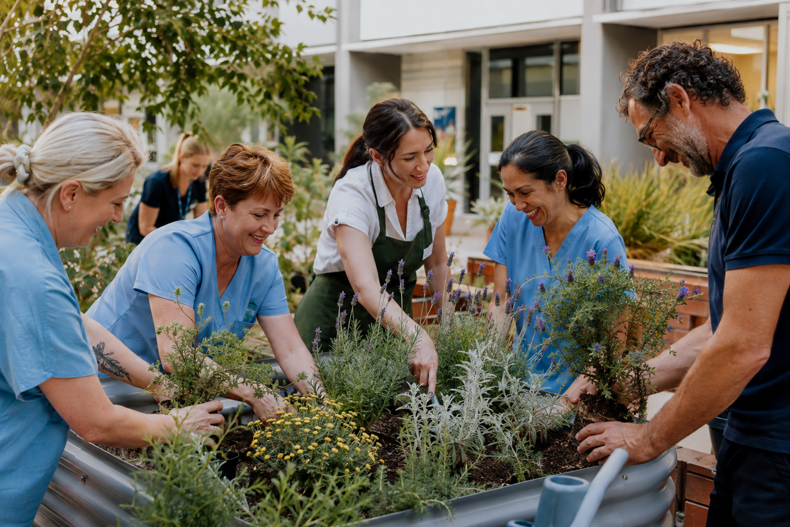Group of healthcare workers and a man planting and caring for flowers in a garden outside a building.
