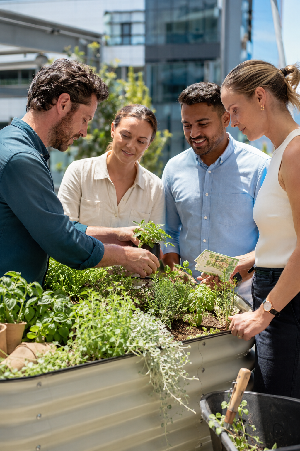 A group of five people working together in a community garden, examining and planting herbs, with an urban office building in the background.