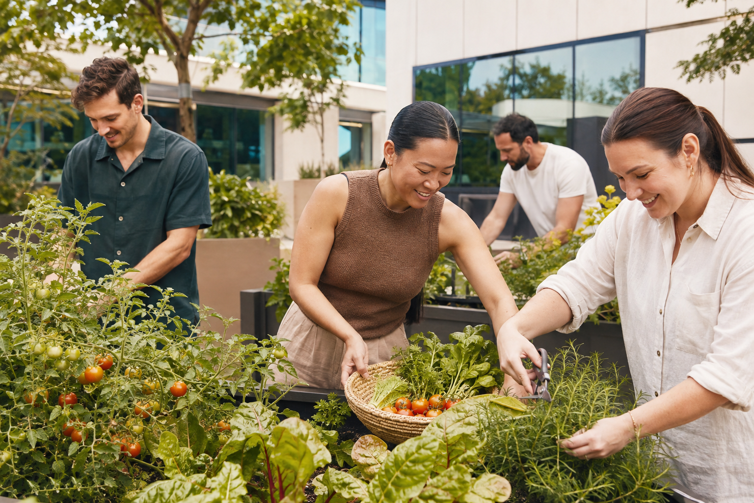 People harvesting vegetables in an urban garden