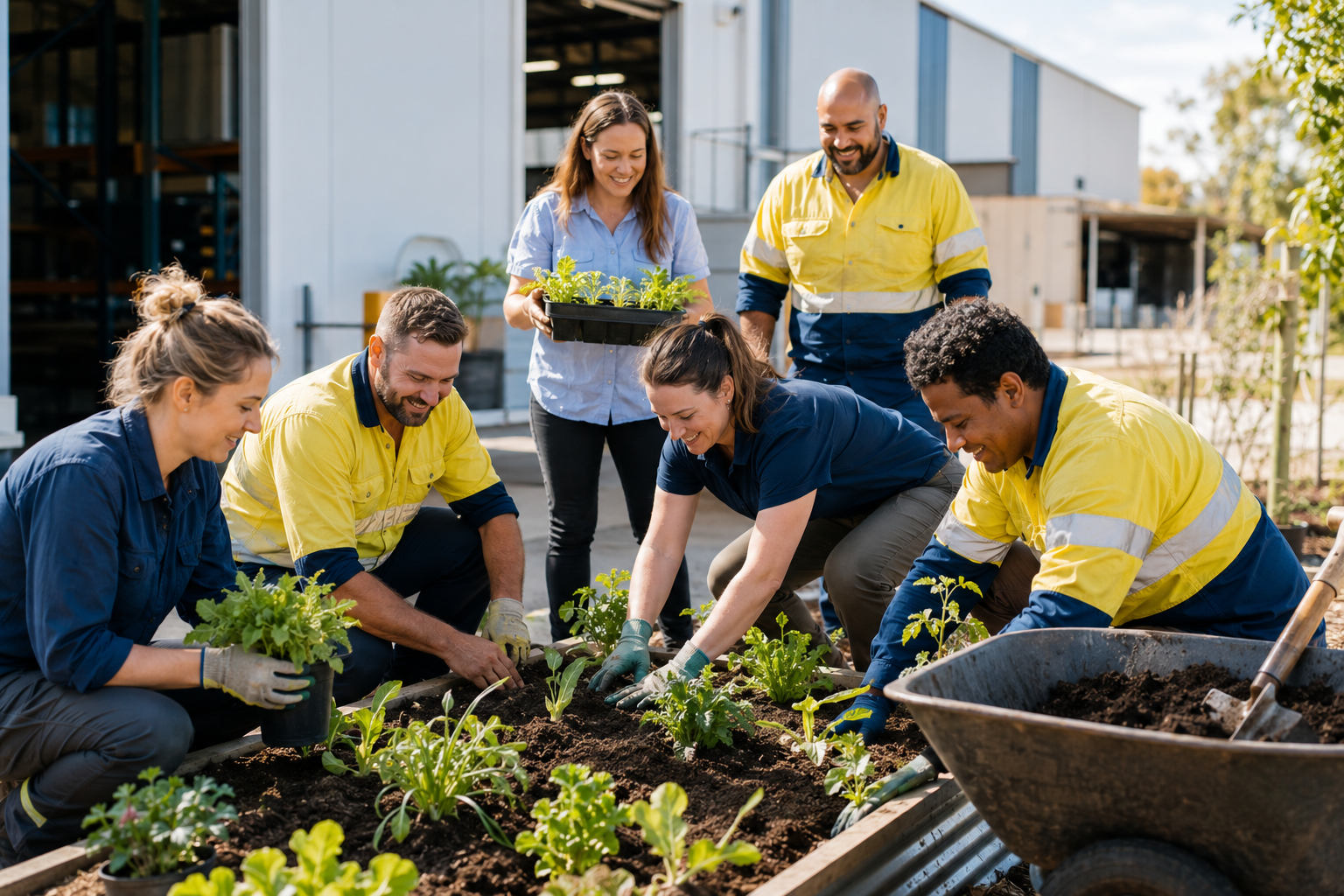 Group of six people planting and tending to a garden bed outdoors, some planting, others holding plants and smiling