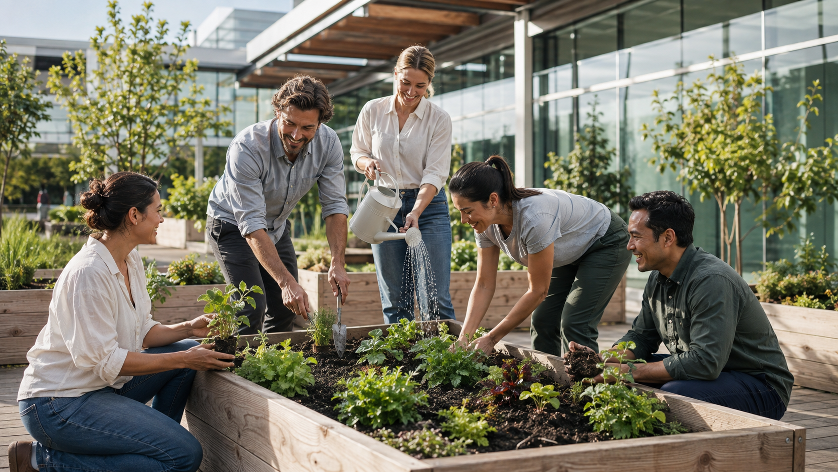 Group of five people gardening together in a community garden, planting and watering vegetables and herbs.