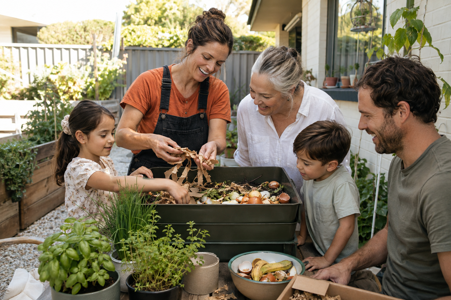A family in a backyard garden gathering around a container with eggshells and compost, helping an older woman plant seeds, with plants and gardening supplies nearby.