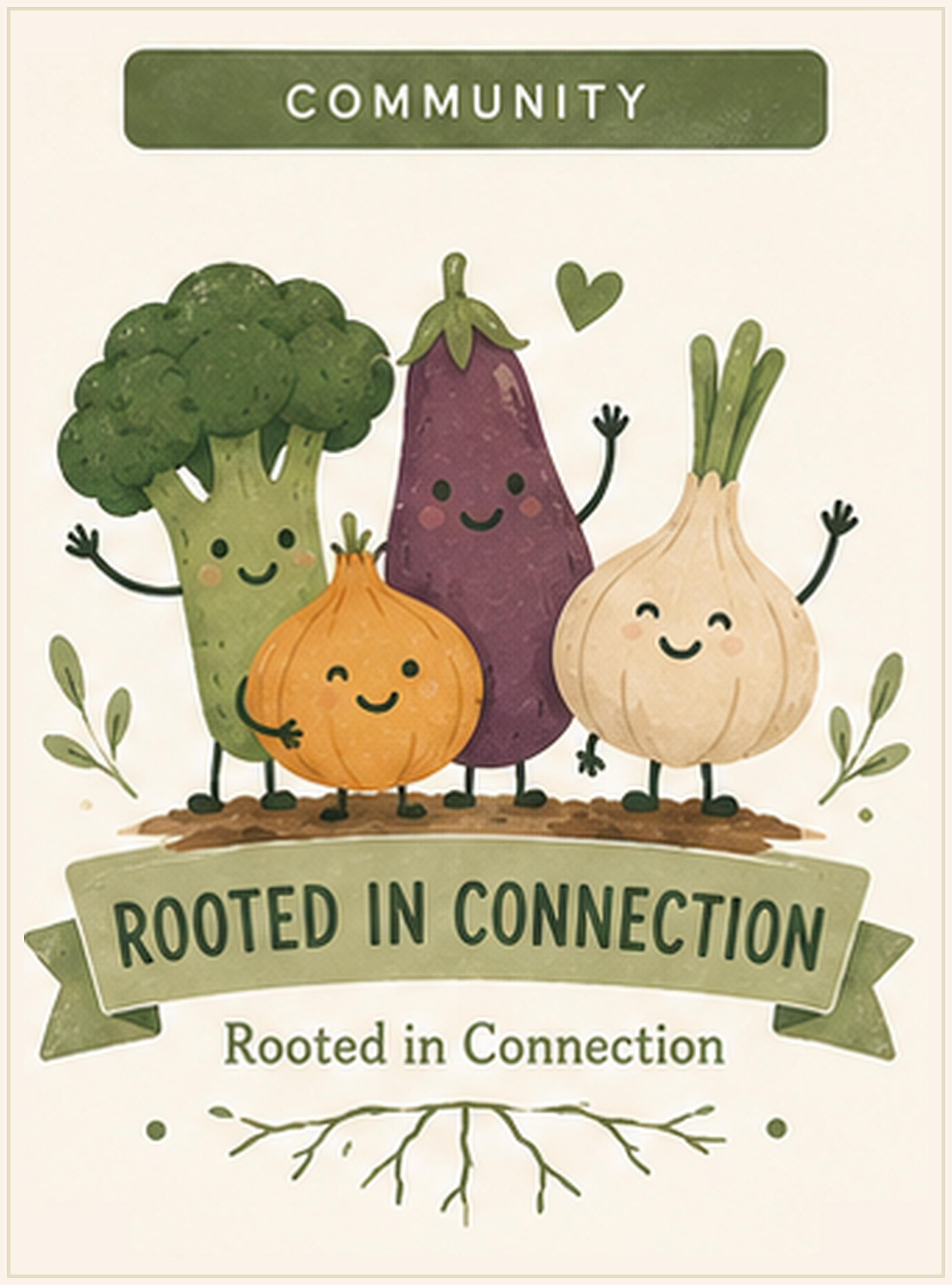 Cartoon illustrations of a happy broccoli, eggplant, onion, and asparagus holding hands, with the phrase 'Rooted in Connection' below them.