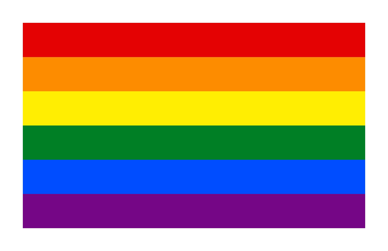 Rainbow flag with six horizontal stripes in red, orange, yellow, green, blue, and purple
