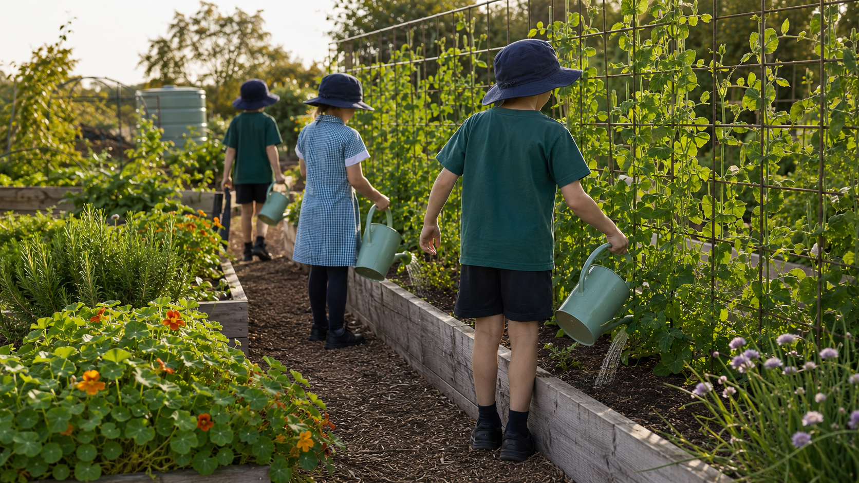 Children watering plants in a garden with greenery and flowers, wearing hats and school uniforms.