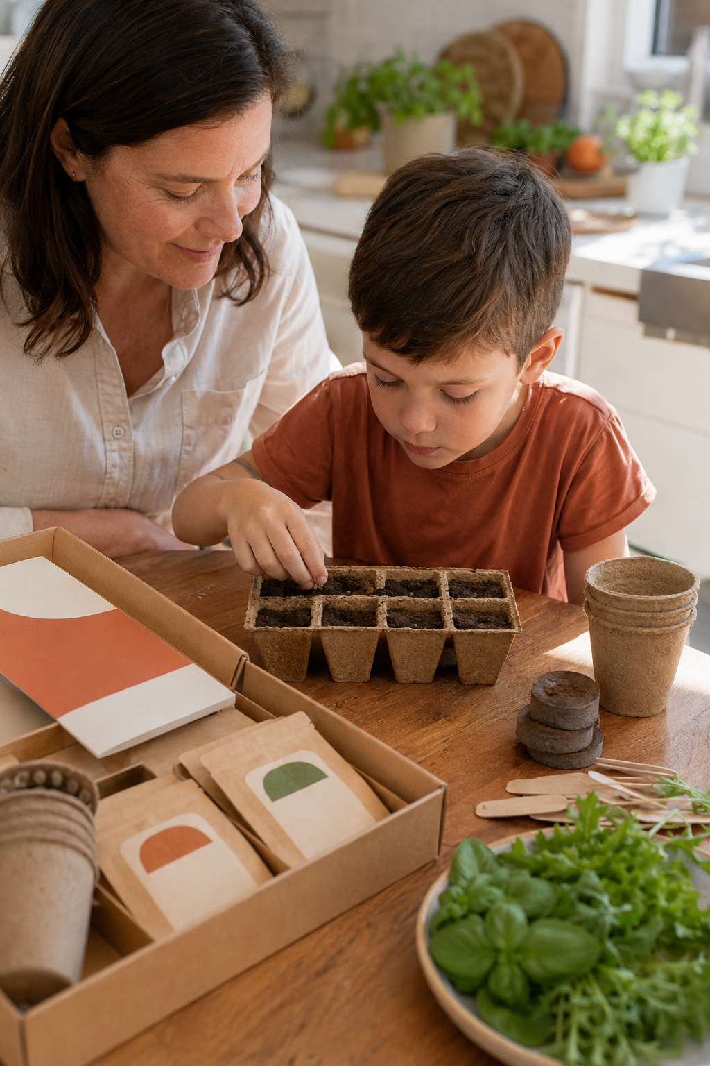 A woman and a young boy planting seeds in biodegradable seed trays in a kitchen with plants and gardening supplies on the counter.