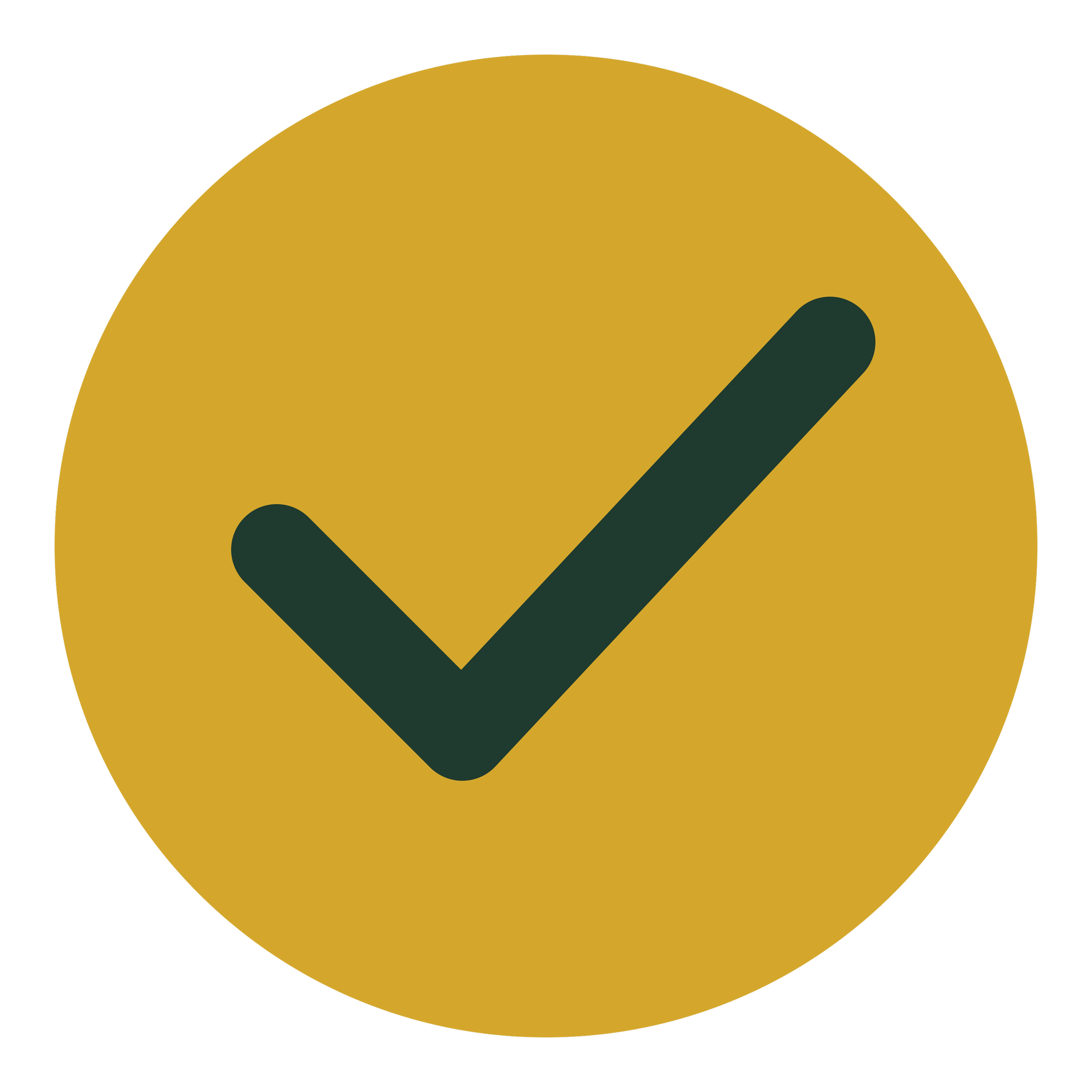 A graphic icon featuring a large yellow circle with a dark green checkmark inside, set against a black background.