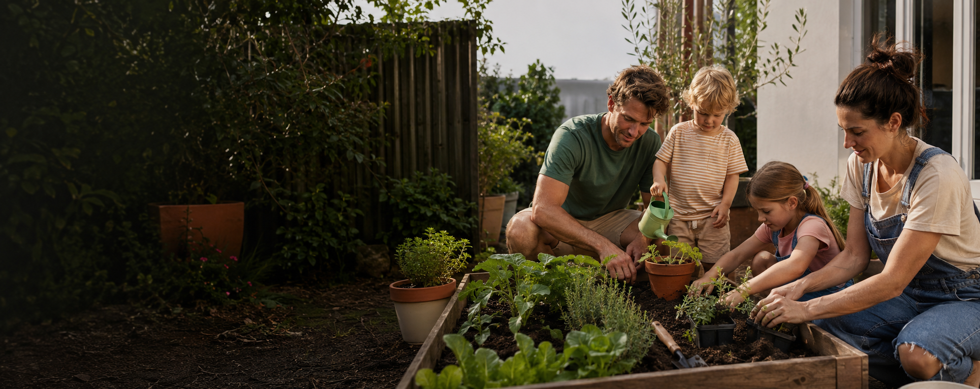 A family planting and watering vegetable and herb plants in a backyard garden during the daytime.