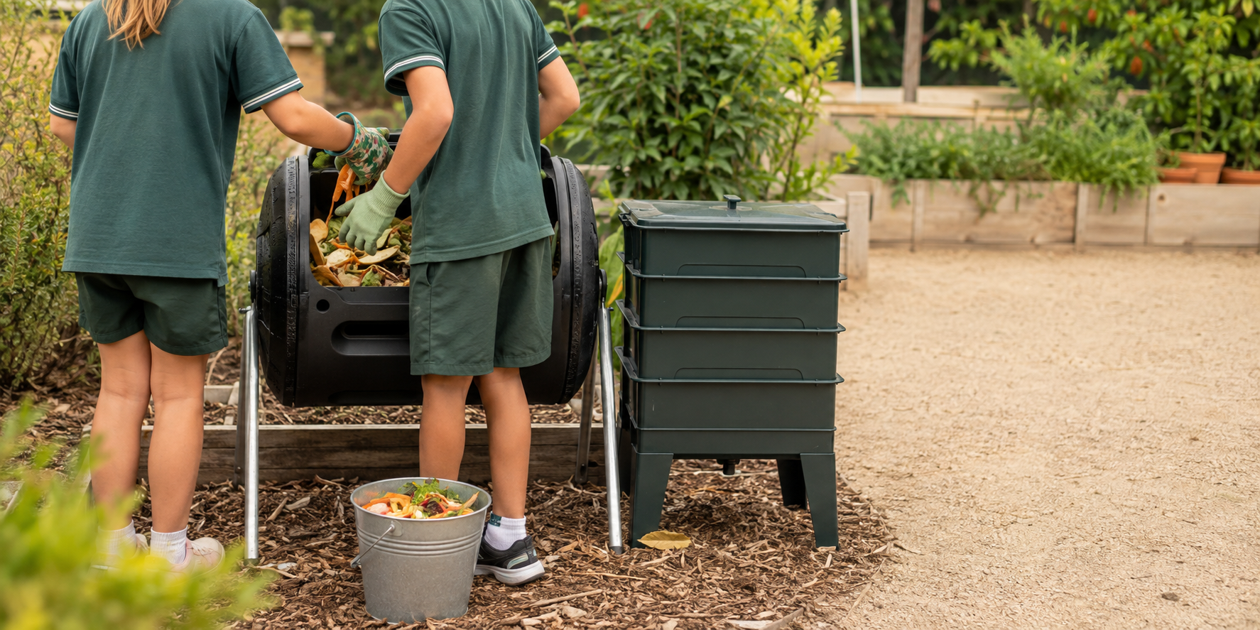 Two children in green shirts and shorts are composting garden waste into a black compost bin in a garden.