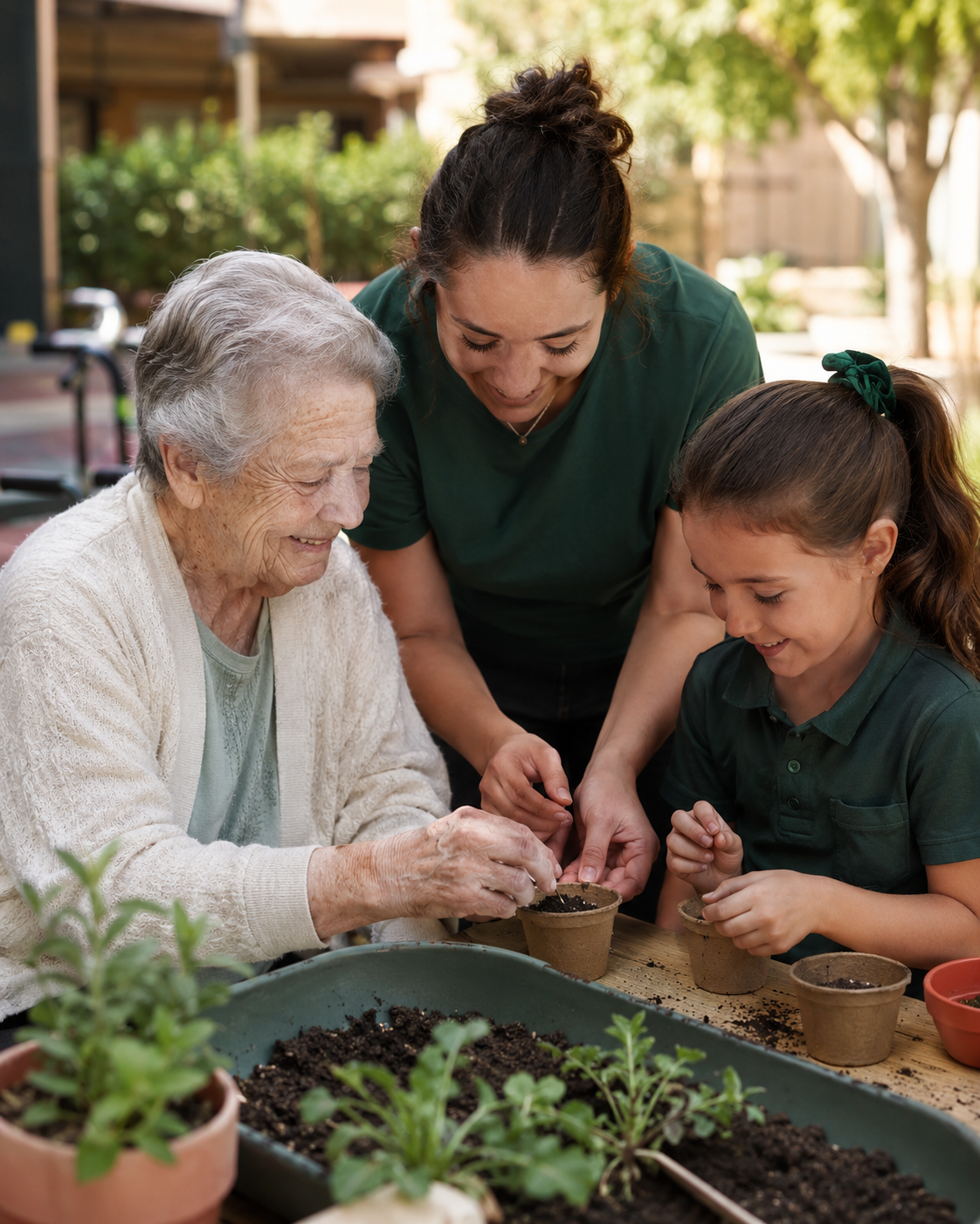 A young woman and a young girl planting flowers in small pots with an elderly woman, all smiling and working together outdoors surrounded by potted plants and greenery.