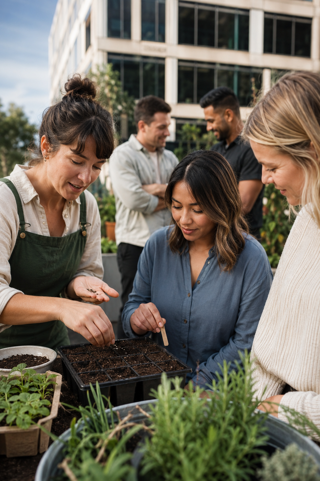 Group of diverse women gardening together on a rooftop, planting seedlings in small containers with building in the background.