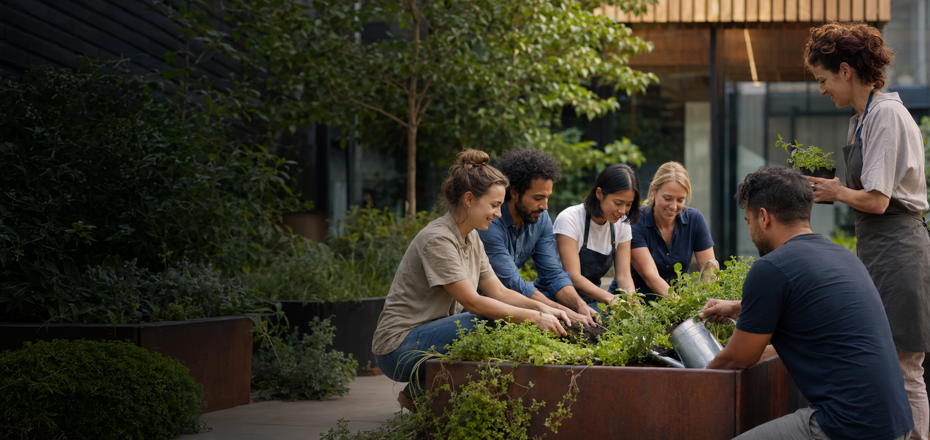 A diverse group of people planting and caring for herbs and plants in a raised garden bed in an urban garden, with a gardener woman holding a potted plant.