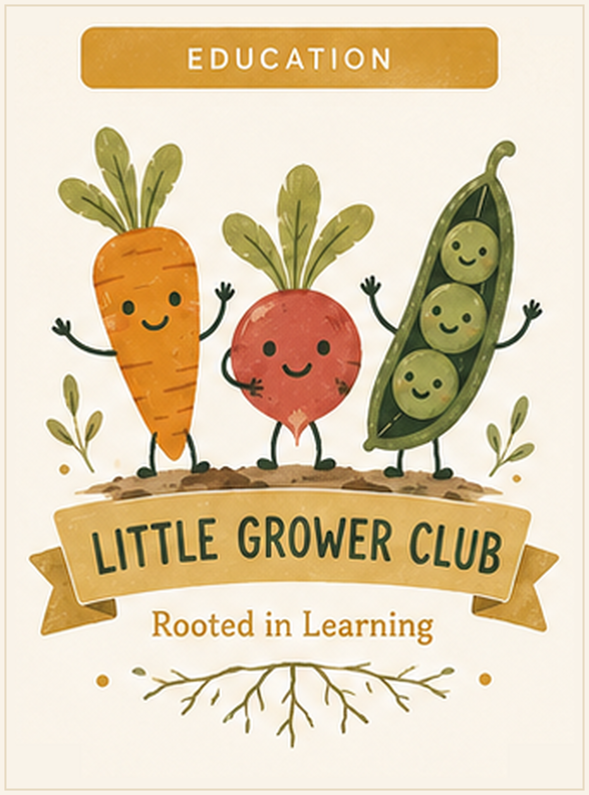 Illustration of a carrot, beet, and pea pod with smiling faces, arms, and legs, standing on soil with small plants and roots underneath. The image features the text 'Little Grower Club' and 'Rooted in Learning' on banners.