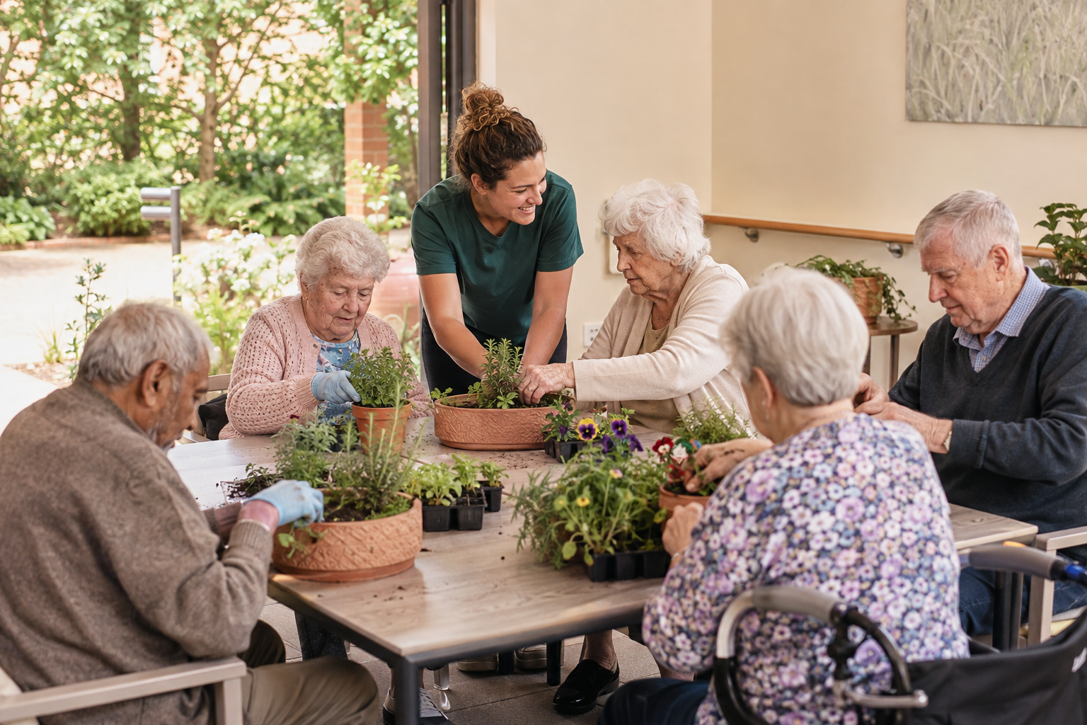 A group of elderly people with a caregiver planting flowers in pots indoors, with a garden visible outside through the window.