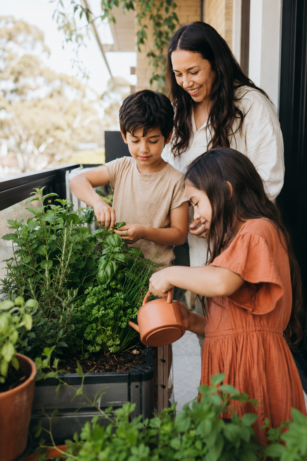 A woman and two children watering and tending to a garden on a balcony.