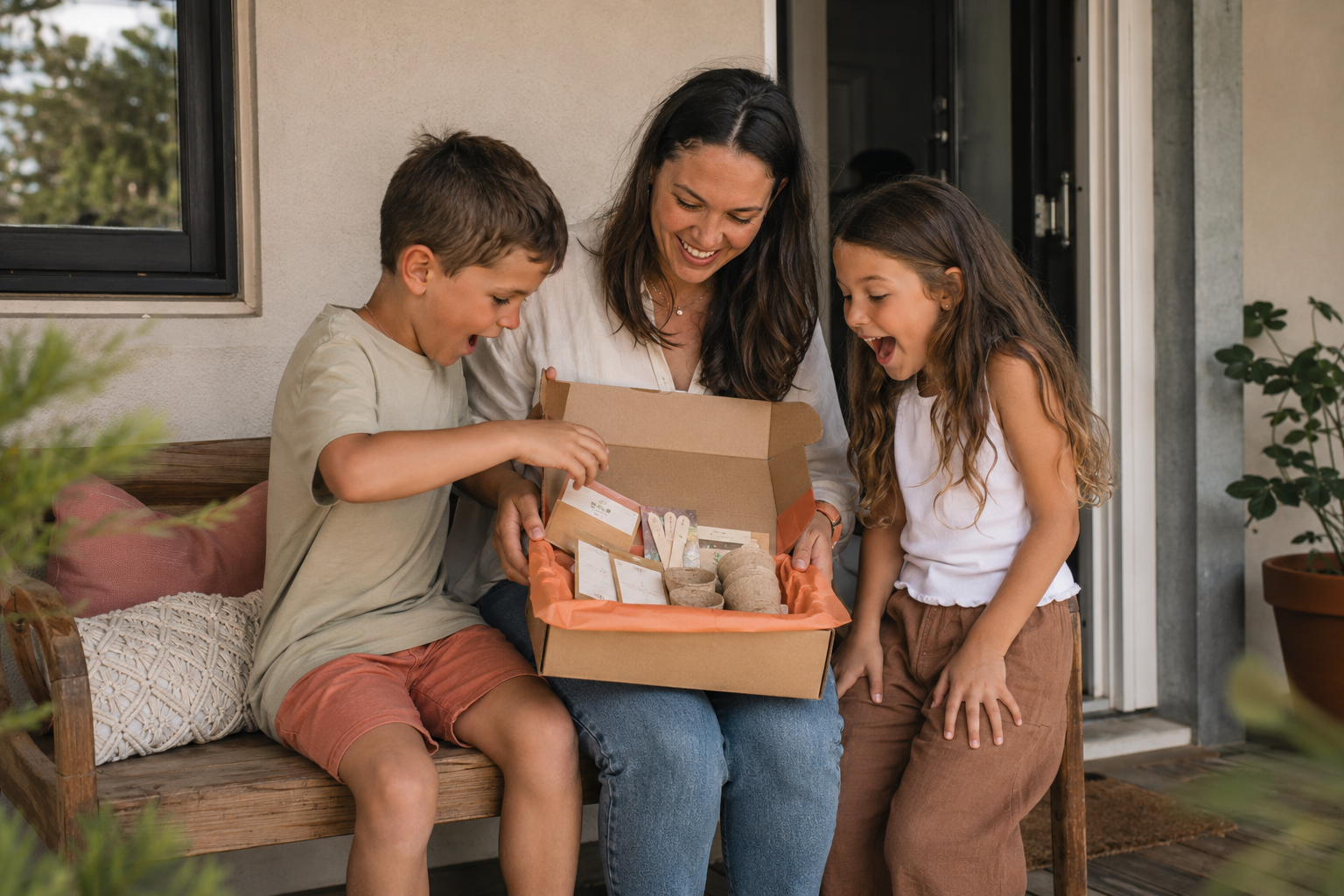 A woman and two children excitedly opening a gift box on a porch.