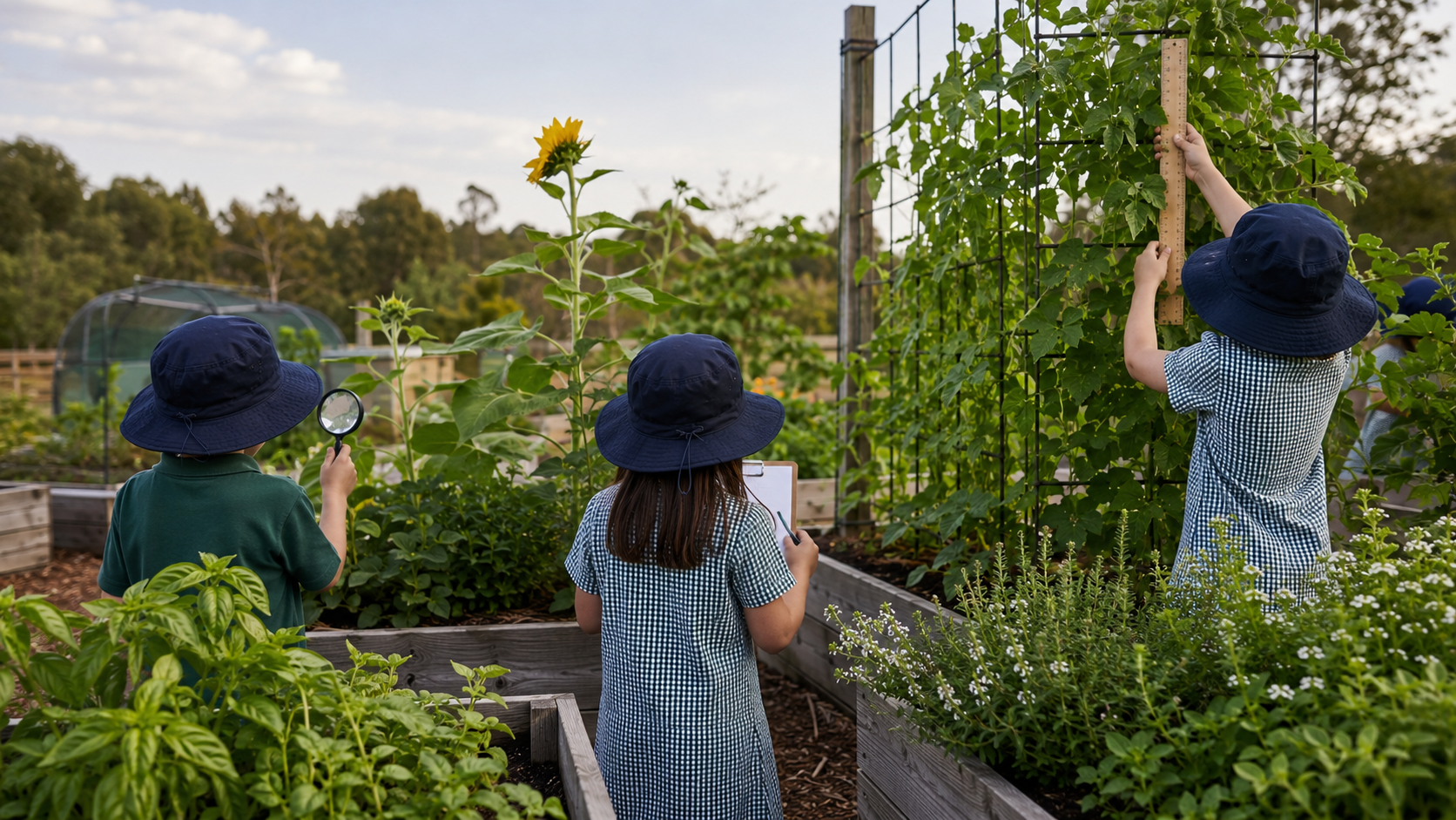 Three children in blue hats and checkered uniforms examining plants in a garden, one holding a magnifying glass and clipboard, another measuring with a ruler, and the third observing a tall sunflower.