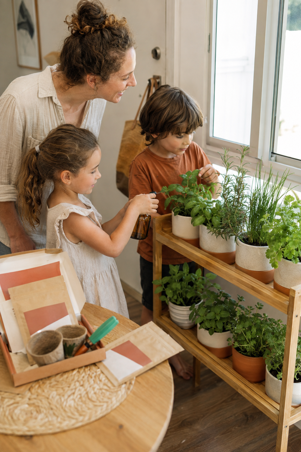 A woman and two children gardening indoors with sunlight through a window, surrounded by potted herbs on a wooden shelf and a table with gardening supplies.