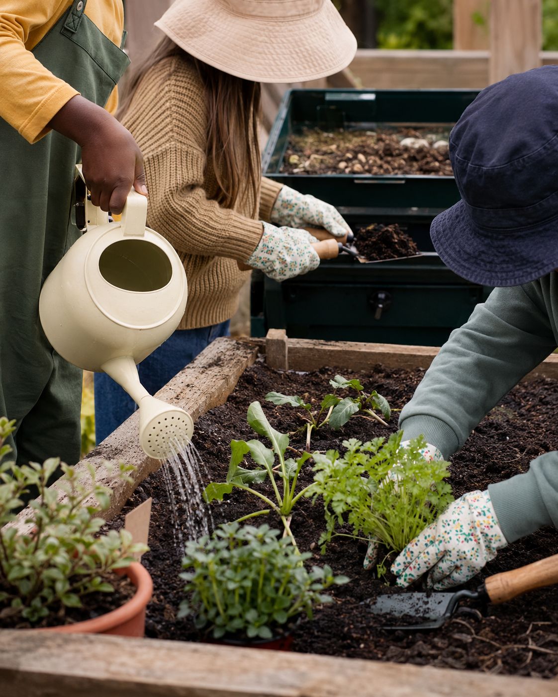 People planting vegetables and flowers in a garden bed. One person is watering with a yellow watering can, others are planting and tending to the plants.