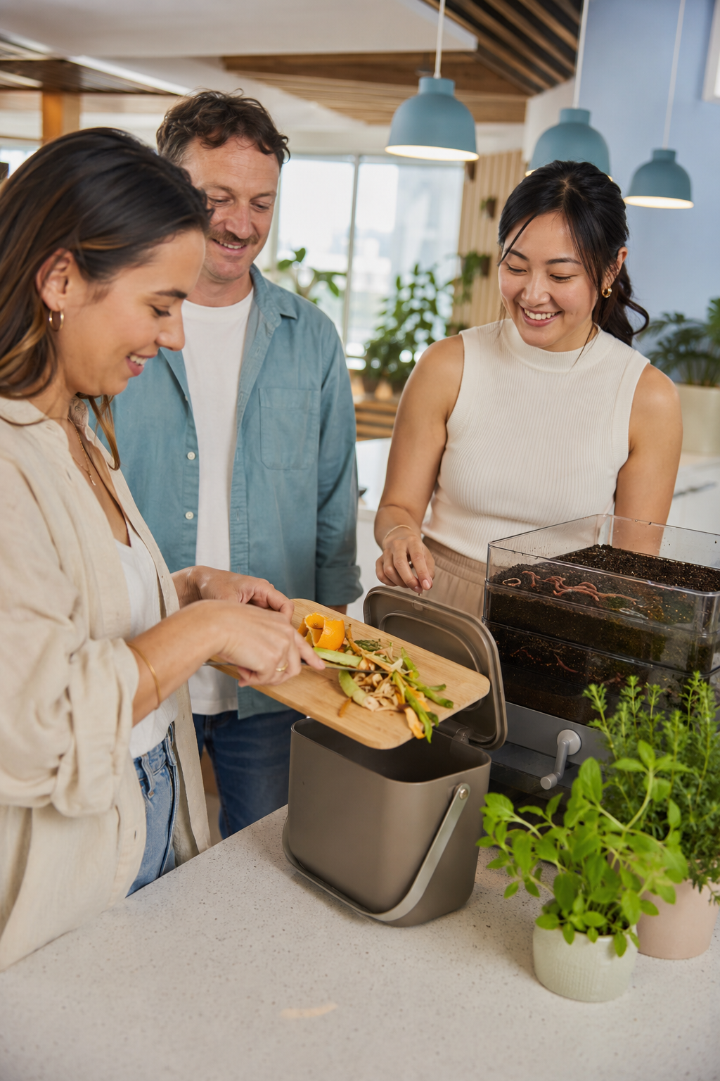 Three people smiling and observing a woman placing food into a container, with a worm compost bin and potted plants on the counter.