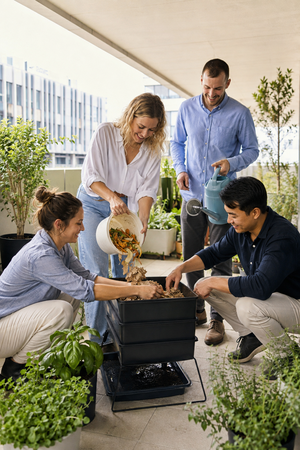A group of five people gardening outdoors on a balcony with potted plants and buildings in the background. One woman is pouring soil into a planter while others assist and smile.