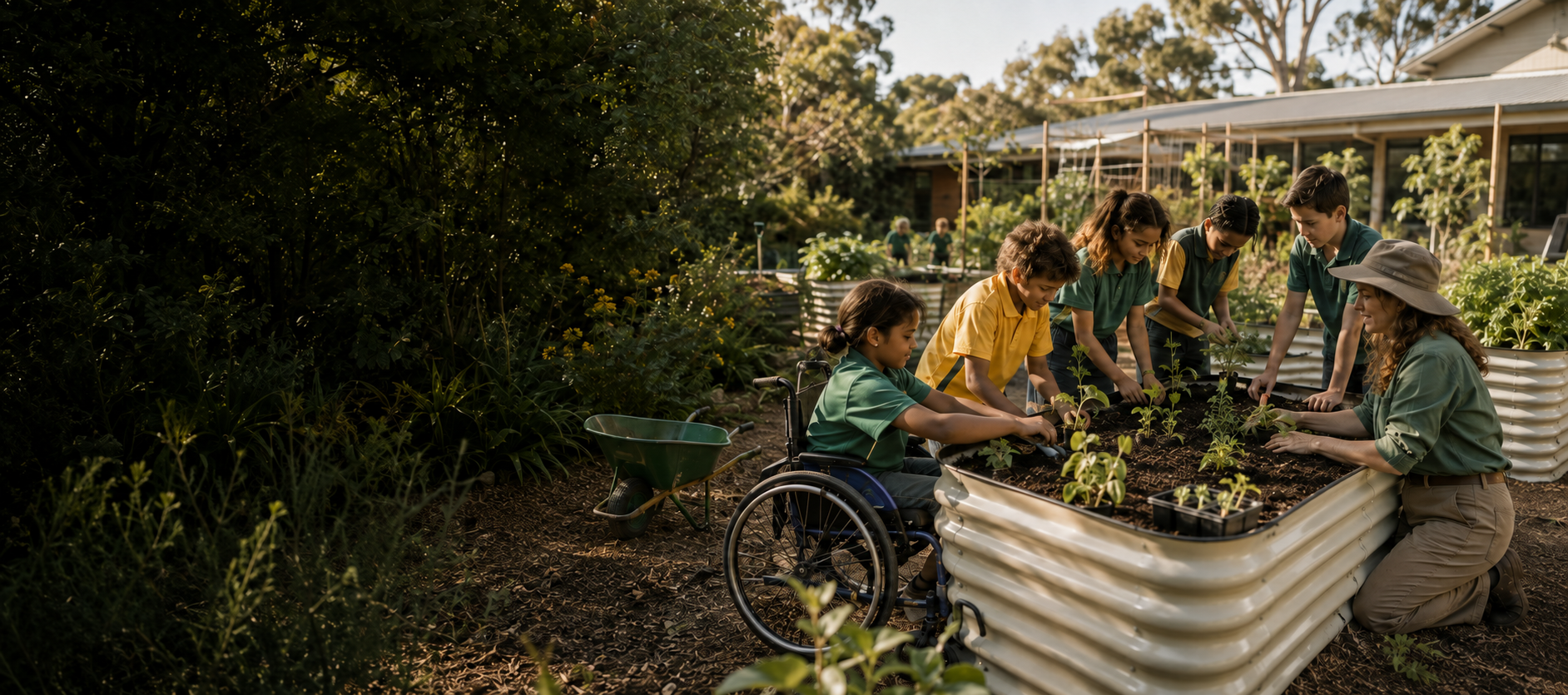 Children and a teacher planting young plants in a garden bed, with others working in the background, surrounded by lush greenery.