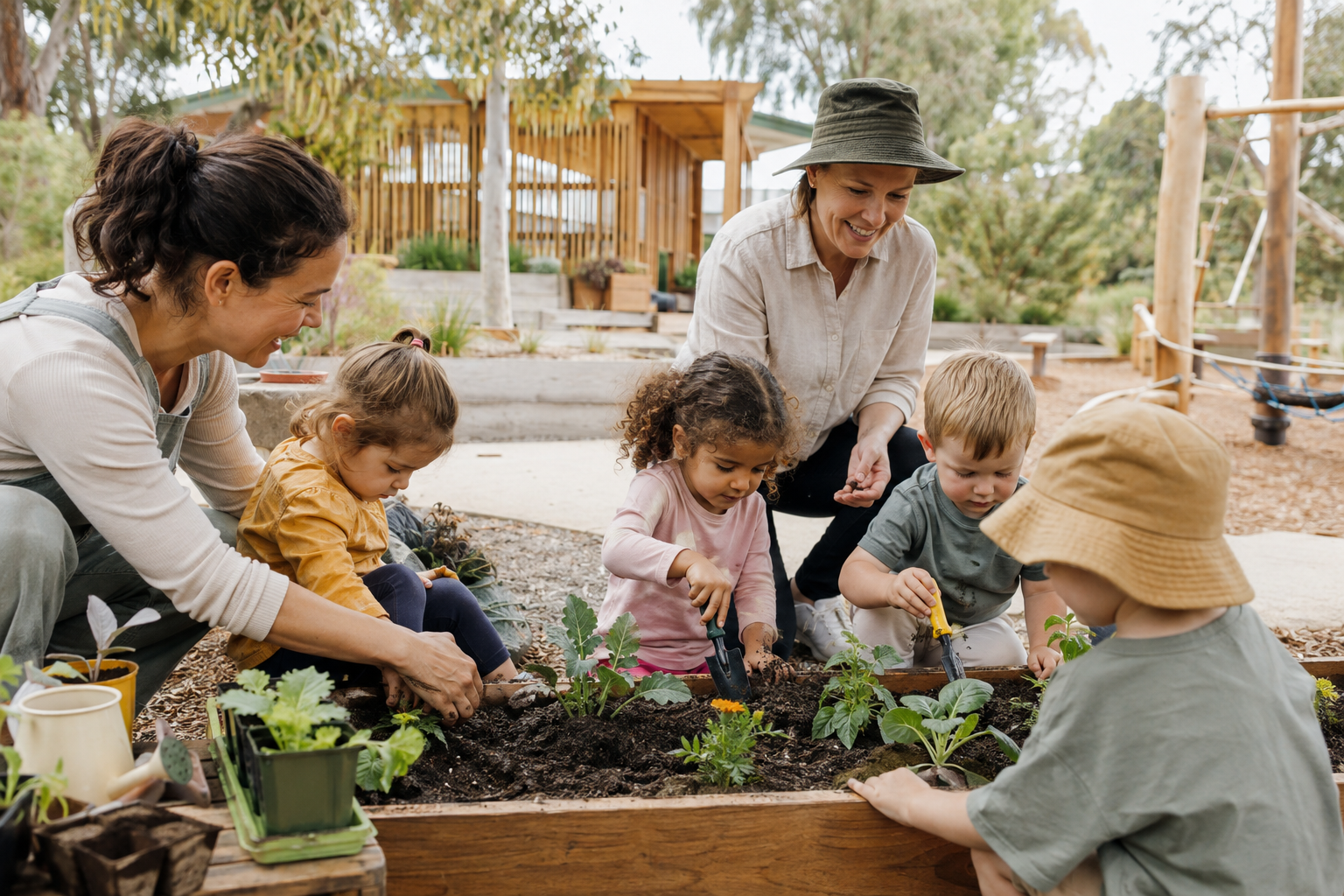 Adults and children planting and gardening together in a wooden garden bed outdoors.