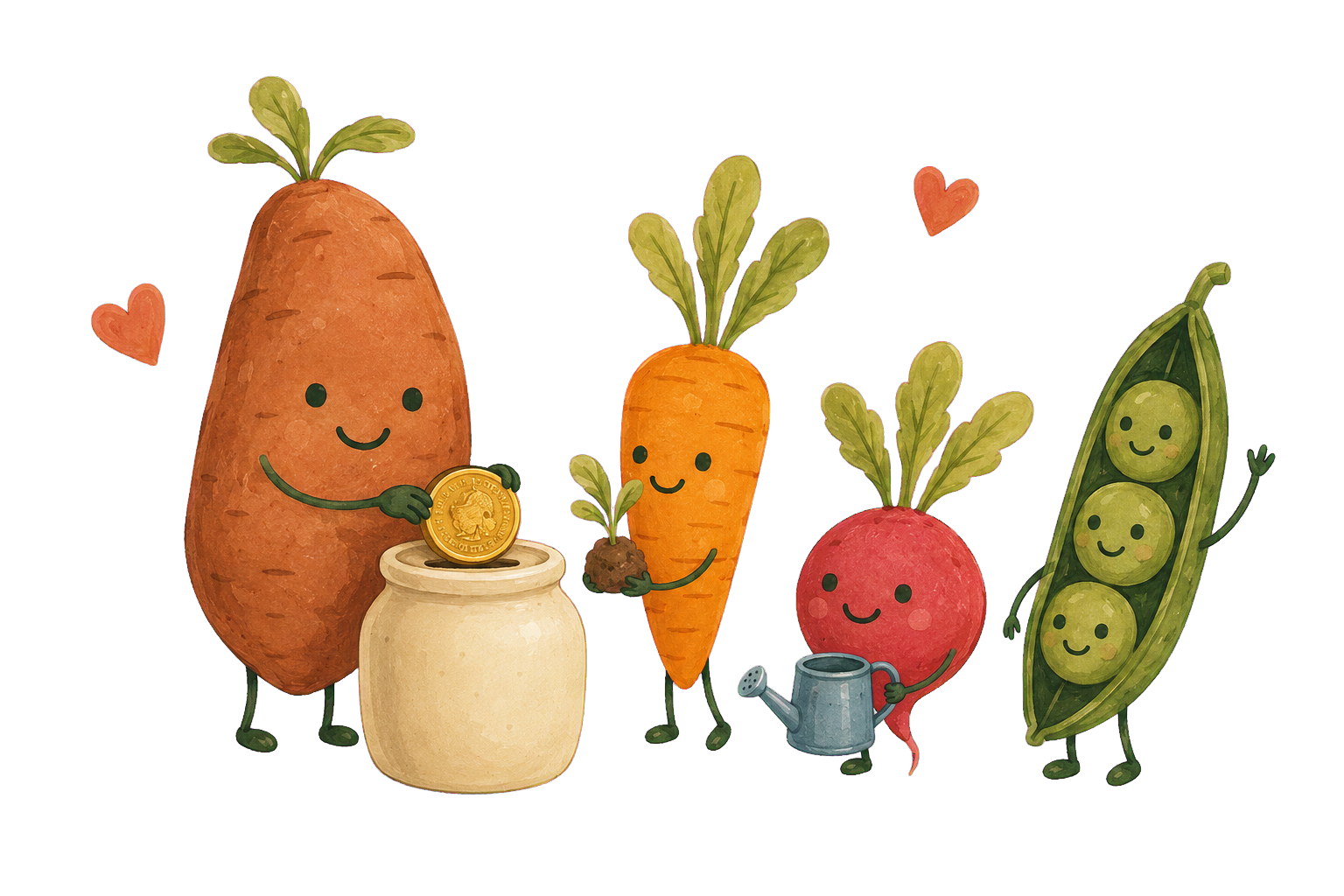 Illustration of animated vegetables with smiling faces, including a sweet potato, carrot, radish, and pea pod, some holding watering cans and a coin.