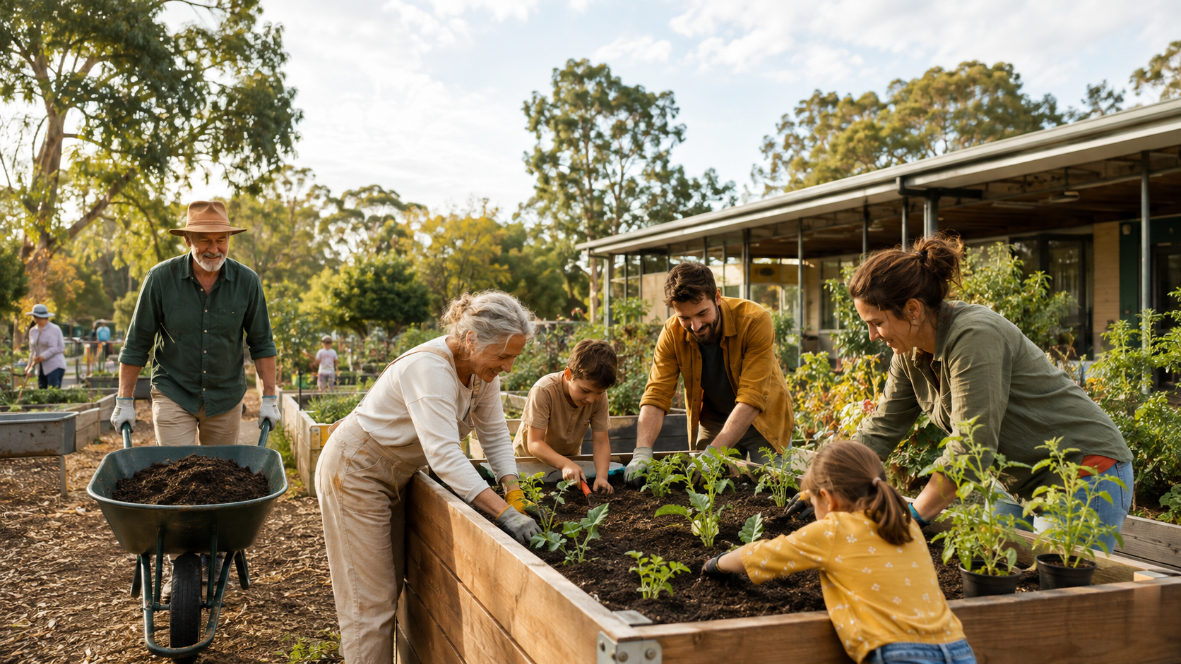 Group of people planting and gardening together in a community garden, surrounded by trees and a building in the background during daylight.