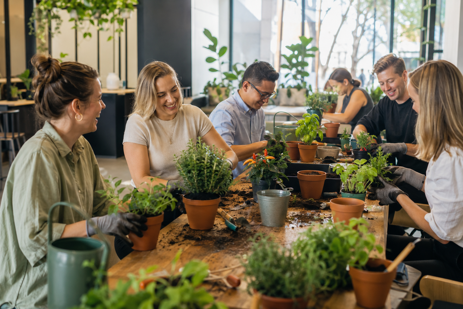 Group of people planting and potting small plants in a bright, modern indoor space.