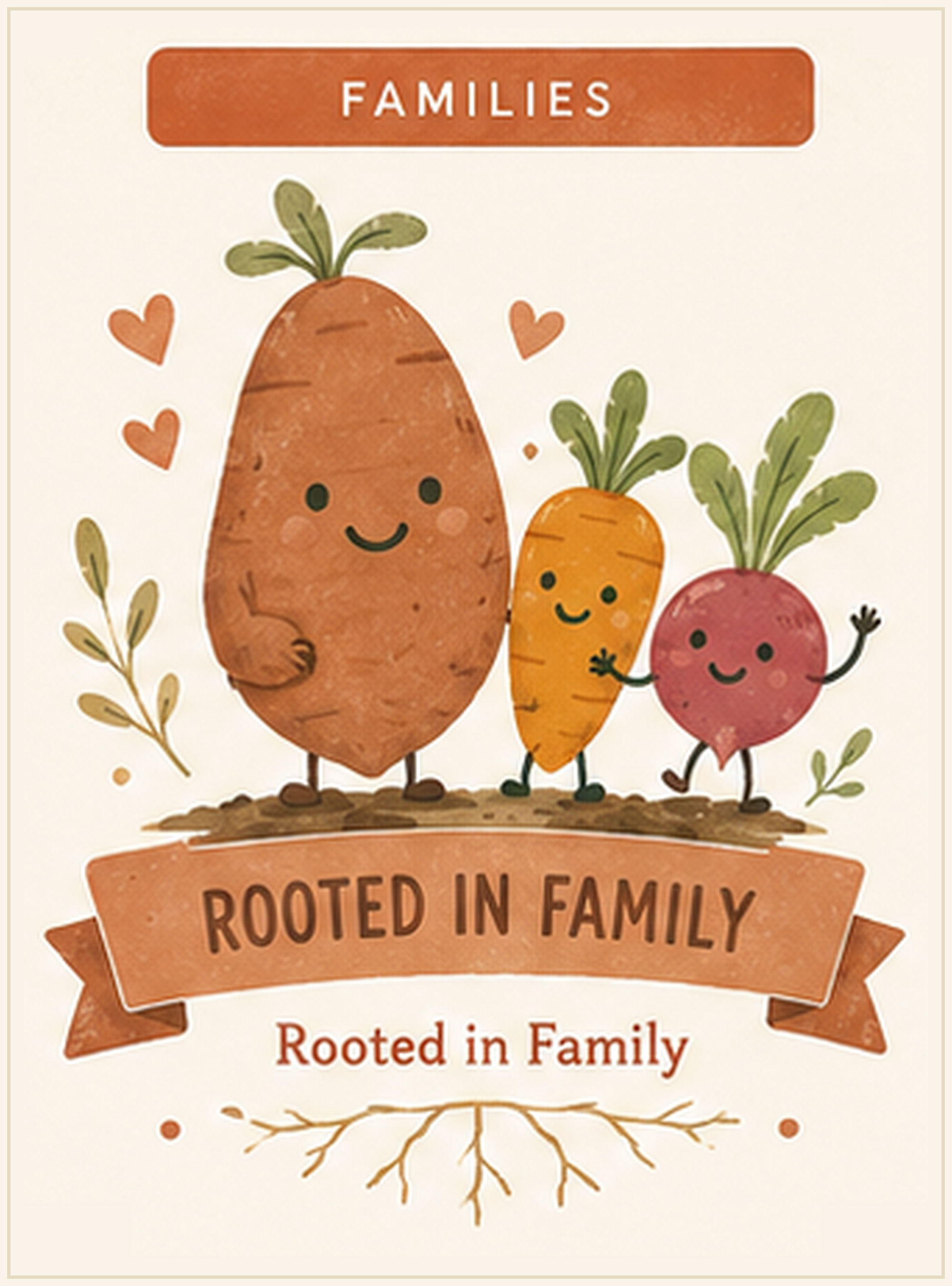 Cute illustration of three animated root vegetables: a large sweet potato, a smaller orange carrot, and a red radish, all with smiling faces and arms, surrounded by small leaves and hearts, with the phrase "Rooted in Family" below them.