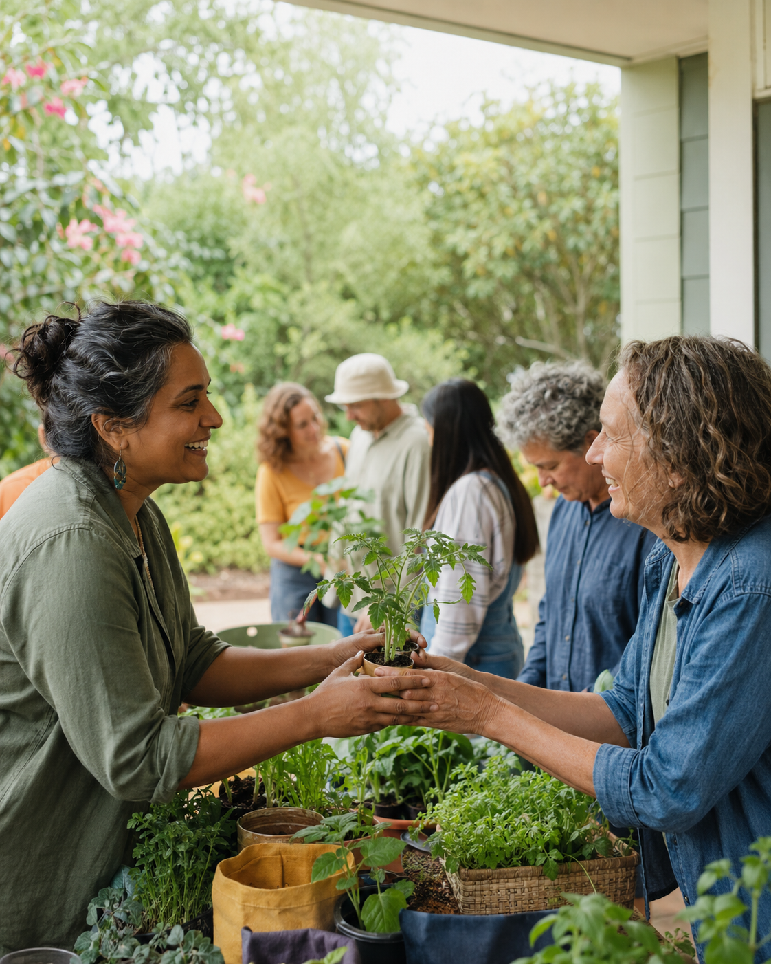 Women exchanging a potted plant on a porch with other women in the background.