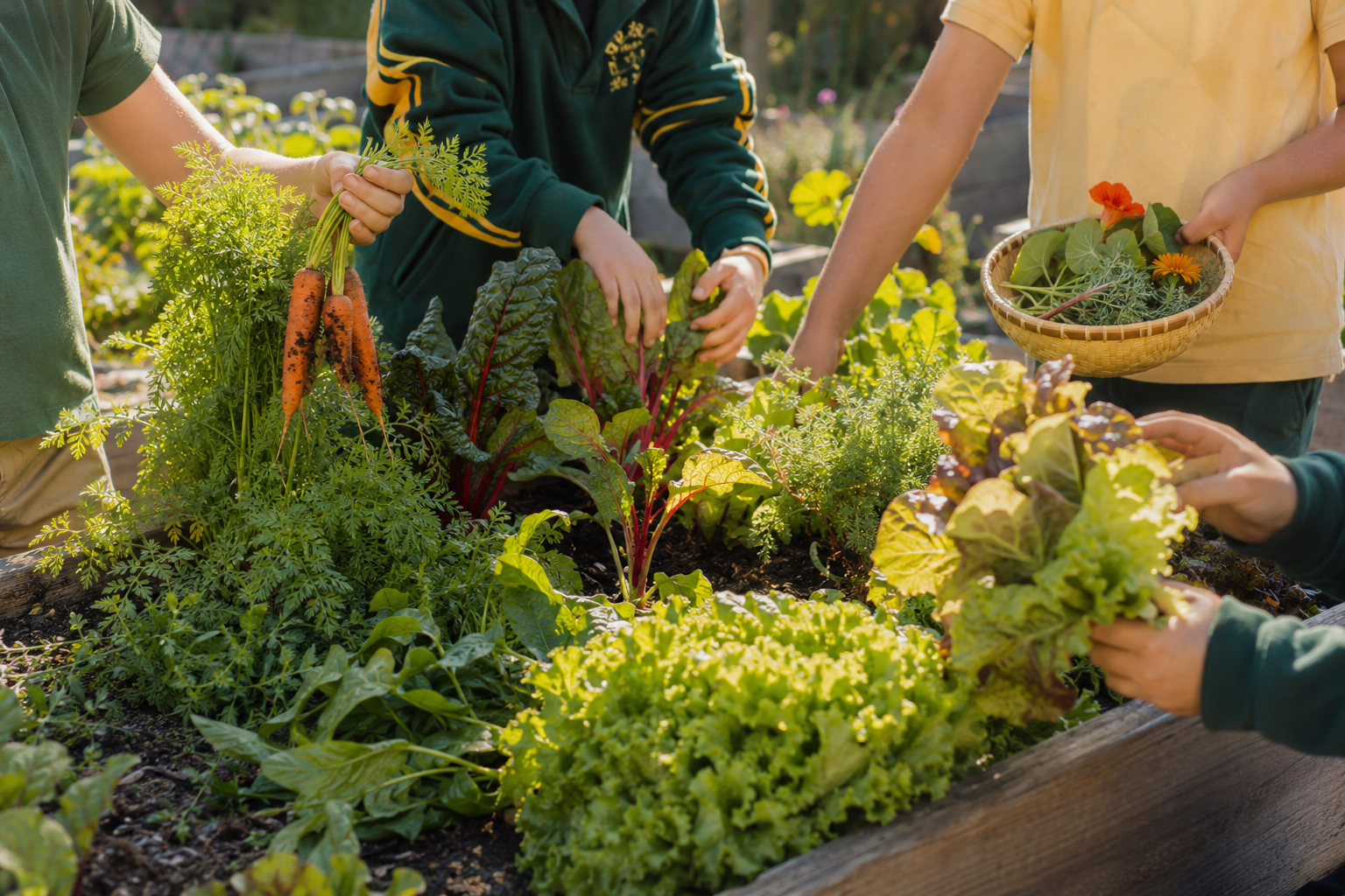 People harvesting vegetables and herbs in a garden with sunlight.