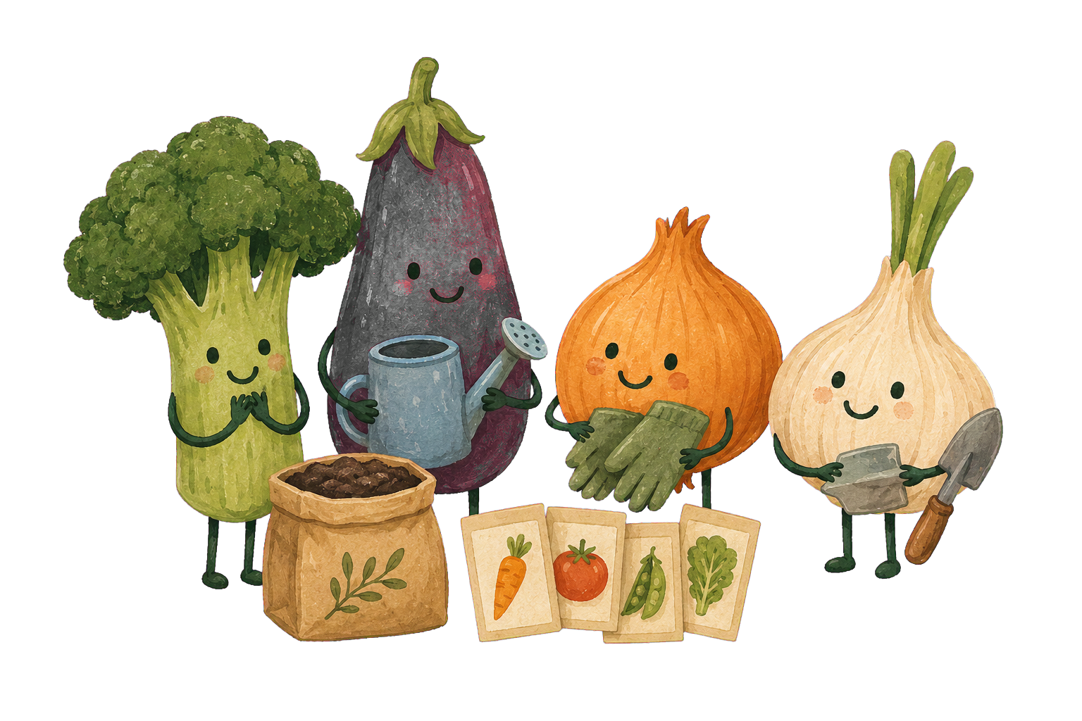 Illustration of animated vegetables with smiling faces engaging in gardening activities, including broccoli, eggplant, onion, and garlic, with gardening tools and seed packets.