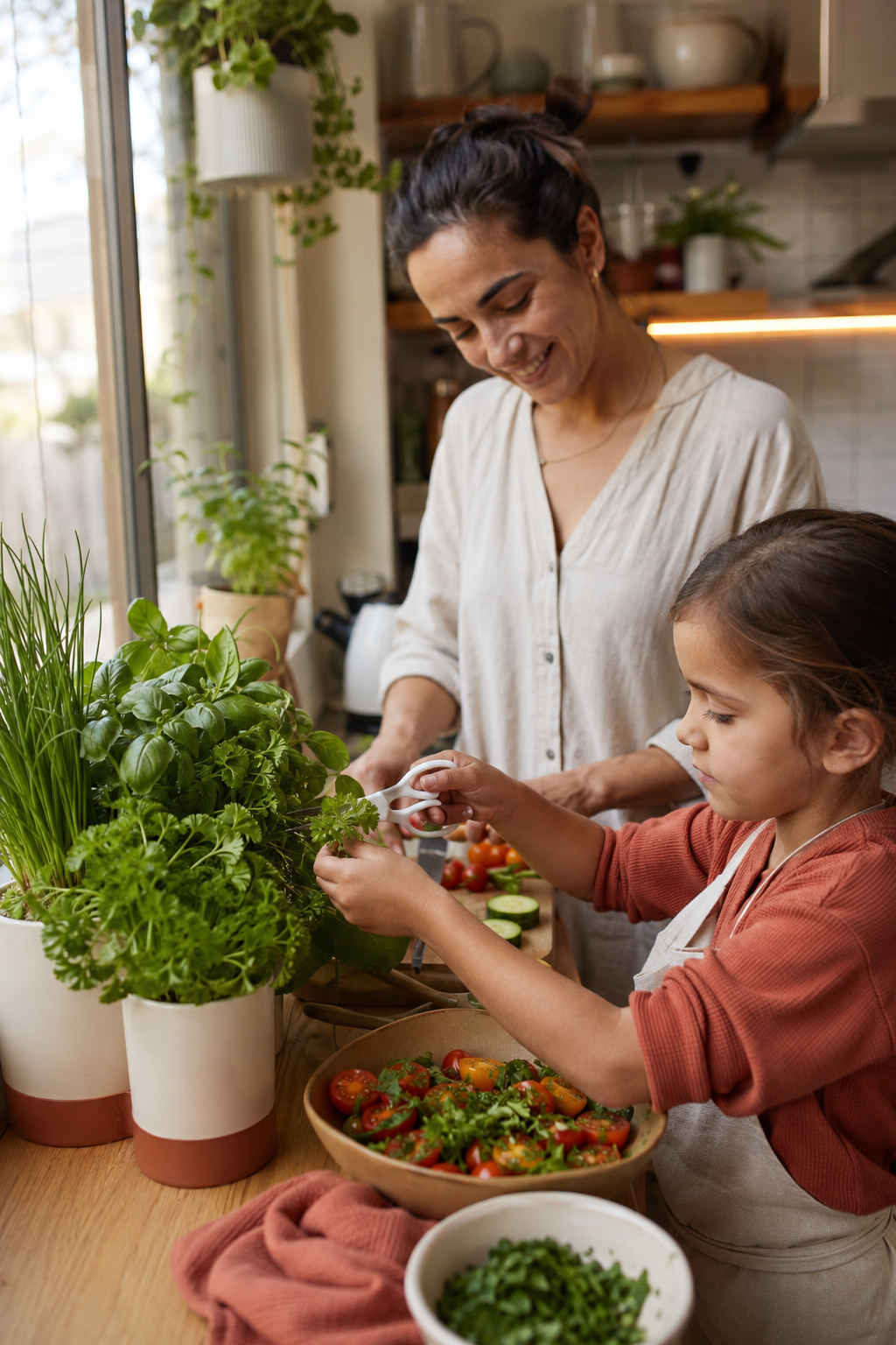 A woman and a girl preparing a garden-fresh salad in a bright kitchen with green plants on the counter and shelves