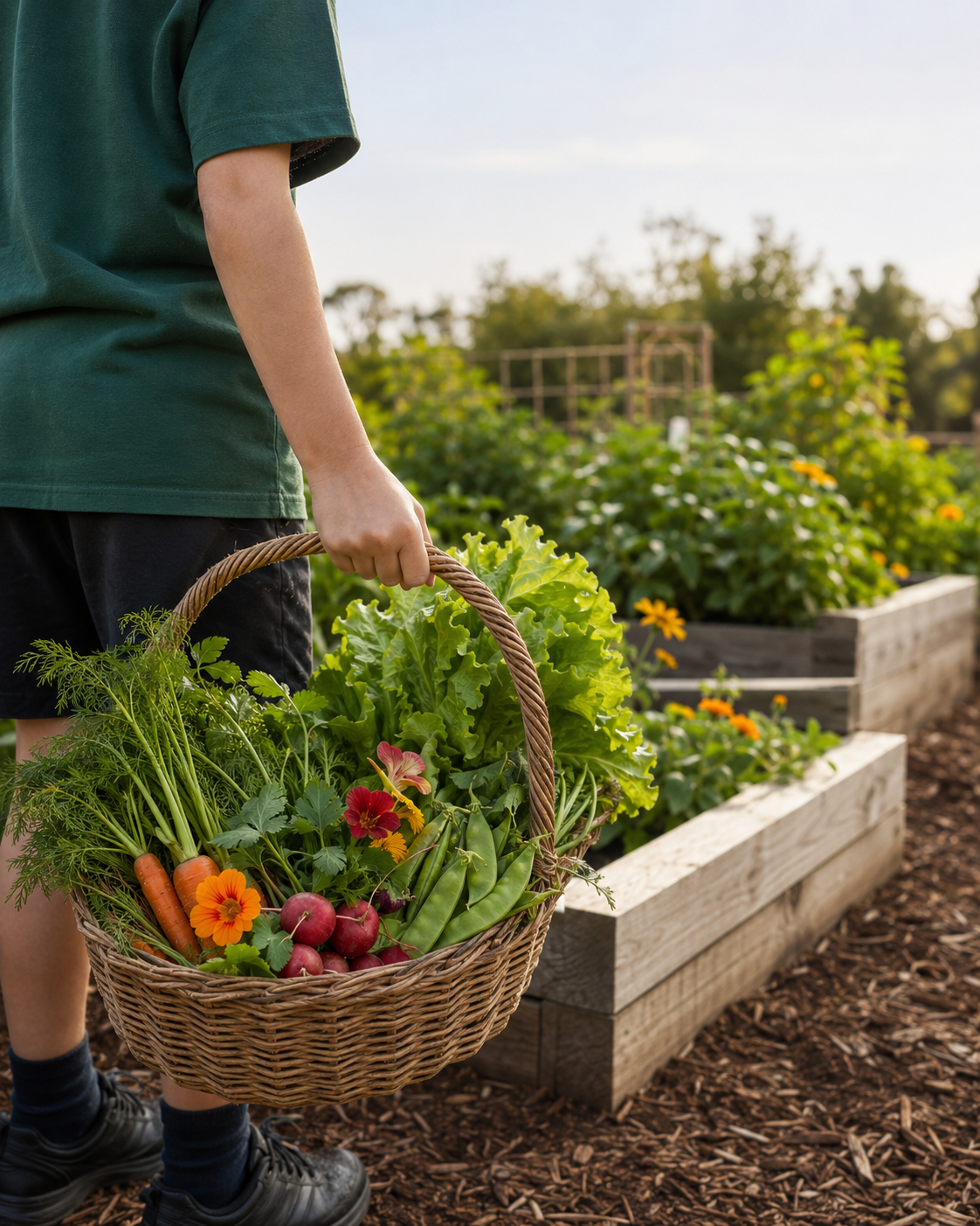 Child holding a basket of freshly harvested vegetables in a garden with raised beds filled with leafy greens and flowers.