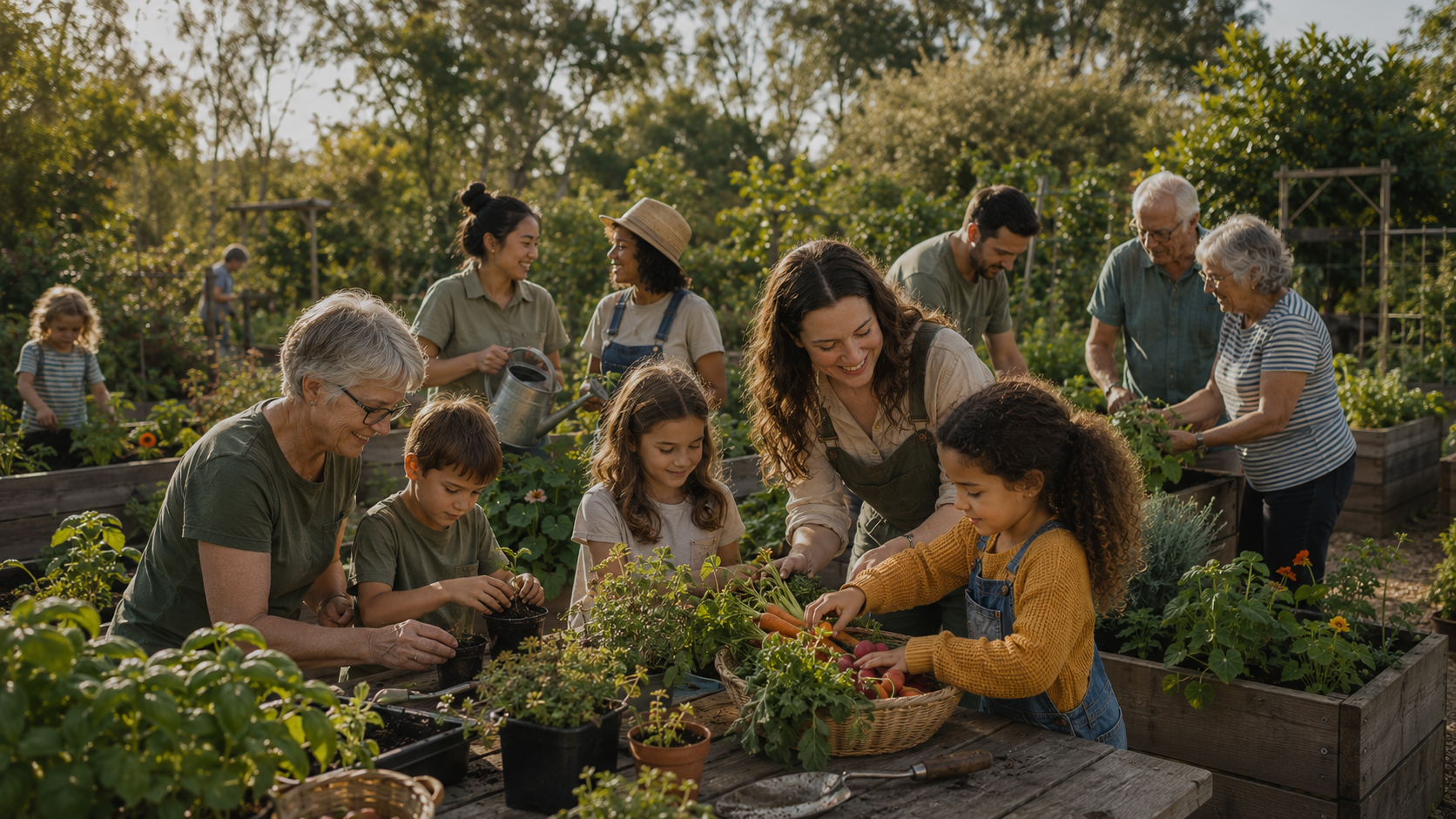 Group of people, including children and seniors, gardening and planting in raised beds outdoors, with trees and sunlight in the background.