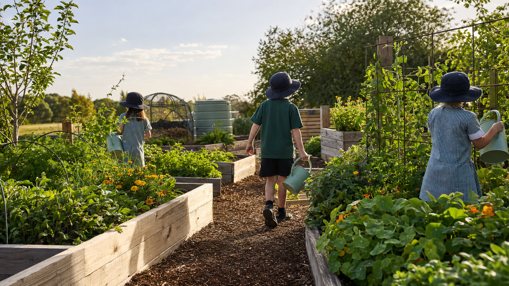 Three children watering plants in a garden with raised beds and trellises, wearing wide-brimmed hats on a sunny afternoon.